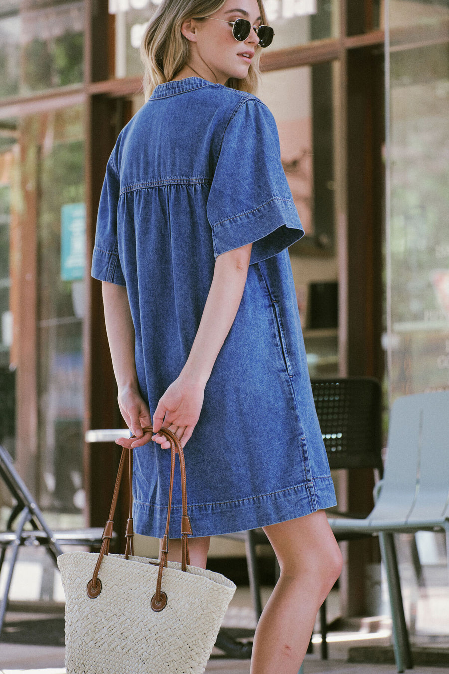 Half Placket Tunic Dress - Denim